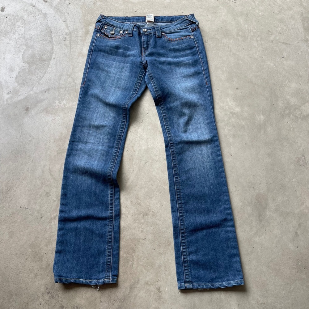 True Religion Womens Blue Low Rise Straight Leg Jeans Contrast Stitch Size 29